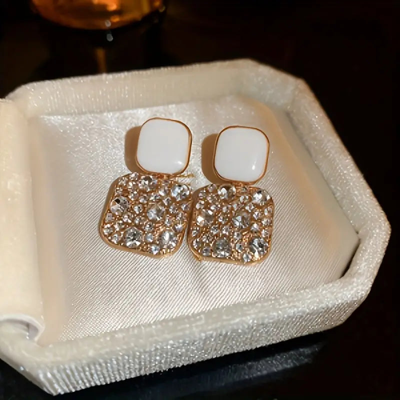 Square Shape Full Shiny Rhinestone Decor Dangle Earrings Luxury Elegant Style Alloy Jewelry Banquet Party Ear Ornaments